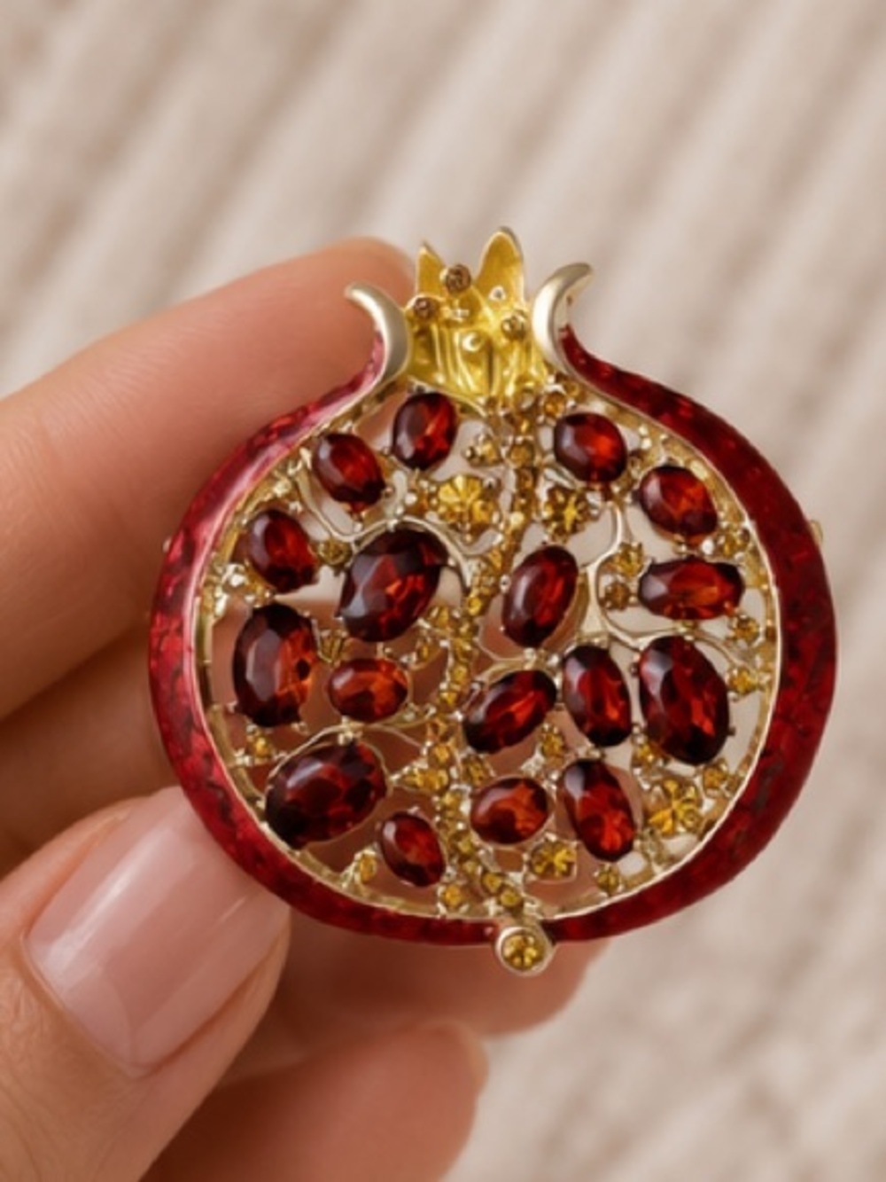 Artisan Pomegranate Brooch Ruby Crystal Gold